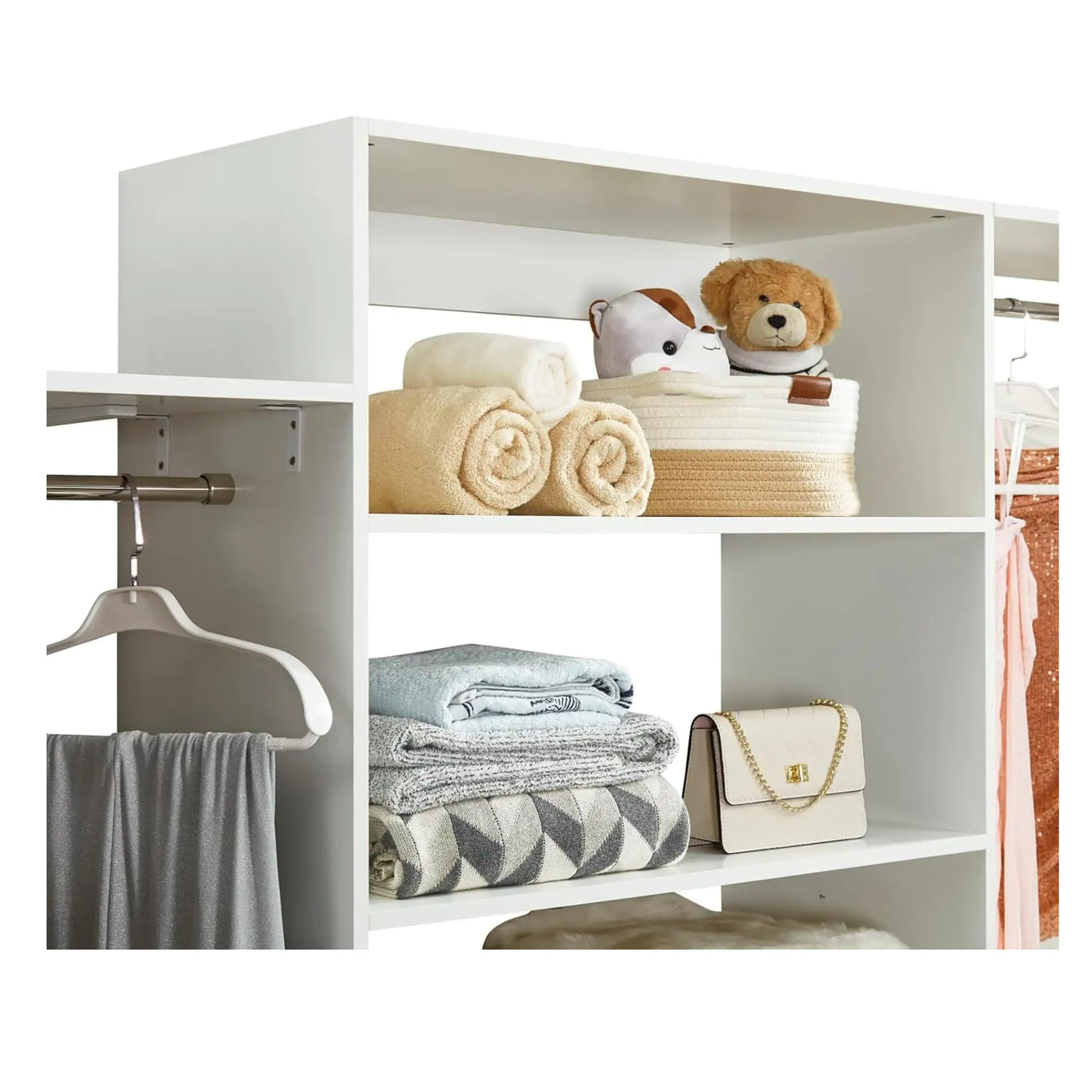 306 Closet Organizer System with Closet Shelves Wall Mounted, White Clothing Racks for Hanging Clothes, Clothes Organizer with Closet Drawers, Wooden Wardrobe Closet System with Hanging Rod - KENDRI SHOP