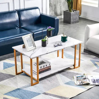 Coffee Table, 2 Layers 1.5cm Thick Marble MDF Rectangle Tabletop Iron Coffee Table - KENDRI SHOP