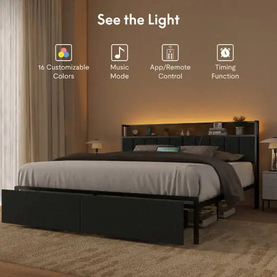 Full Bed Frame With Charging Station And LED Lights - Upholstered Headboard With Storage Shelves - KENDRI SHOP