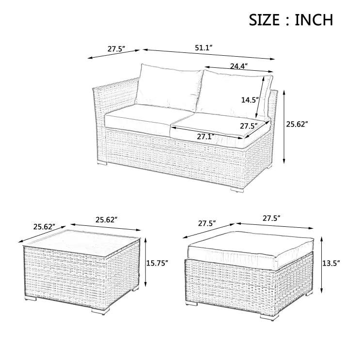 Patio Furniture, Outdoor Furniture, Seasonal PE Wicker Furniture, 4 Set Wicker Furniture With Tempered Glass Coffee Table - KENDRI SHOP
