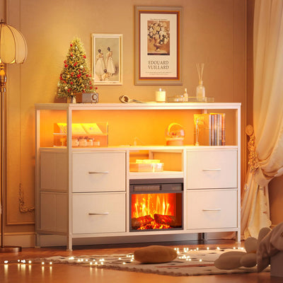 Huuger Fireplace TV Stand with Power Outlets and LED Lights TV Stand Dresser for 50 43 Inch TV 4 Drawers Fireplace Entertainment Center with Open Shelves PU Leather Surface Drawers White - KENDRI SHOP
