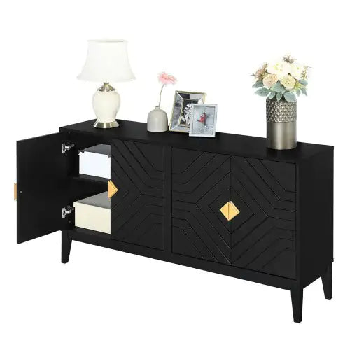 4-door Sideboard Storage Cabinet For Living And Dining Room, Two Large Cabinets With Gold Handle And Adjustable Shelves, Black - KENDRI SHOP