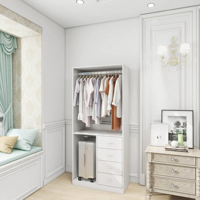 White Wood Closet System Storage Stand-Alone Wardrobe with 4 Drawers Closet Organizer Armoires and Wardrobeswith Hanging Rod 31.5"W x 15.7"D x 70.8"H - KENDRI SHOP