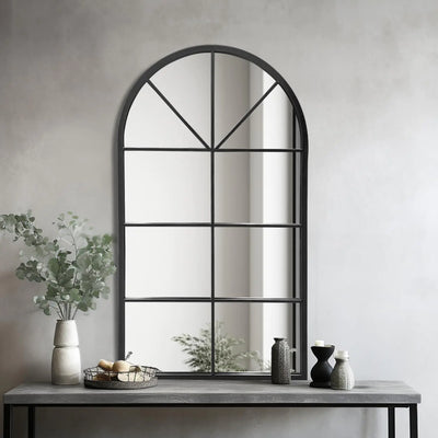 Dewfig Arch Wall Mirror Mounted Decorative 42"x24" Arched Window Frame Decor Wall-Mounted for Bathroom Vanity Living Room or Bedroom Black Decorative Windowpane - KENDRI SHOP