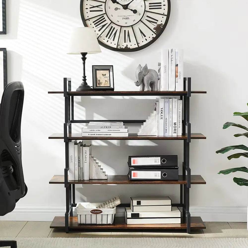 Industrial 4-tier Bookshelves, Metal And Wood Bookshelves, Open Widescreen Storage Bookshelves - KENDRI SHOP