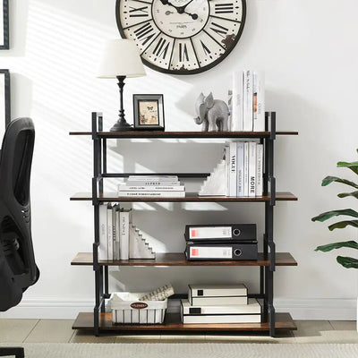 Industrial 4-tier Bookshelves, Metal And Wood Bookshelves, Open Widescreen Storage Bookshelves - KENDRI SHOP