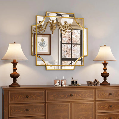 Kelly Miller Gold Framed Mirror for Wall 26"x26" Gold Square Wall Mirror Vanity Mirror Decorative Mirror Beveled Wall Decor for Bathroom Powder Room Living Room Bedroom Bedside Table Entryway Hallway - KENDRI SHOP