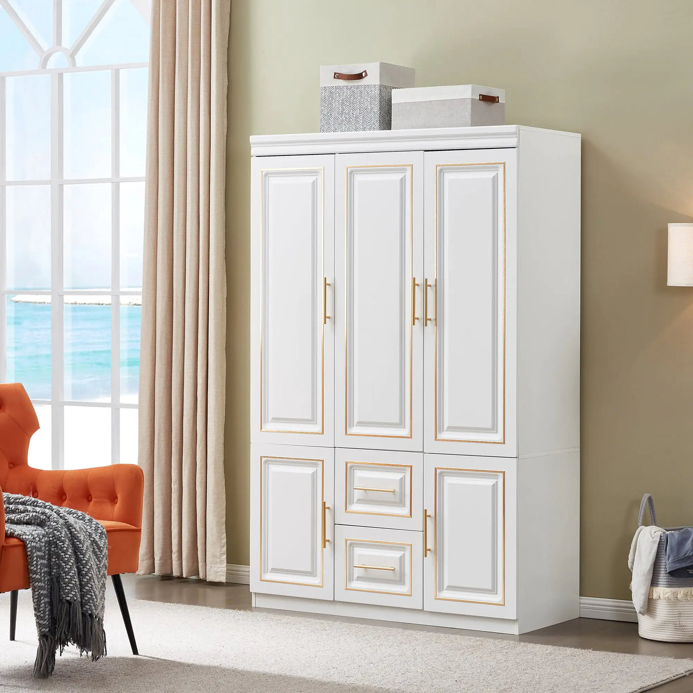YG-5 Armoire Wardrobe  74" H 3 Doors 2 Drawers White Bedroom Wardrobe Armoire Closet Freestanding Clothes Storage Armoire Organizer with Hanging Rod Shelves Clothes Cabinet for Bathrooms Clothes Storage - KENDRI SHOP