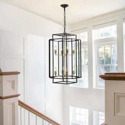 8 Lights Black & Gold Lantern Tiered Chandelier, Industrial Farmhouse Chandelier - No Bulbs Unavailable Platform- Temu - KENDRI SHOP