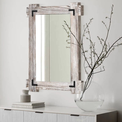 MeMoreCool Farmhouse Rustic Wood Framed Bathroom Mirror Decorative Wall Mounted Rectangular Mirror for Bedroom Living Room or Bathroom 40x28 Inch White - KENDRI SHOP
