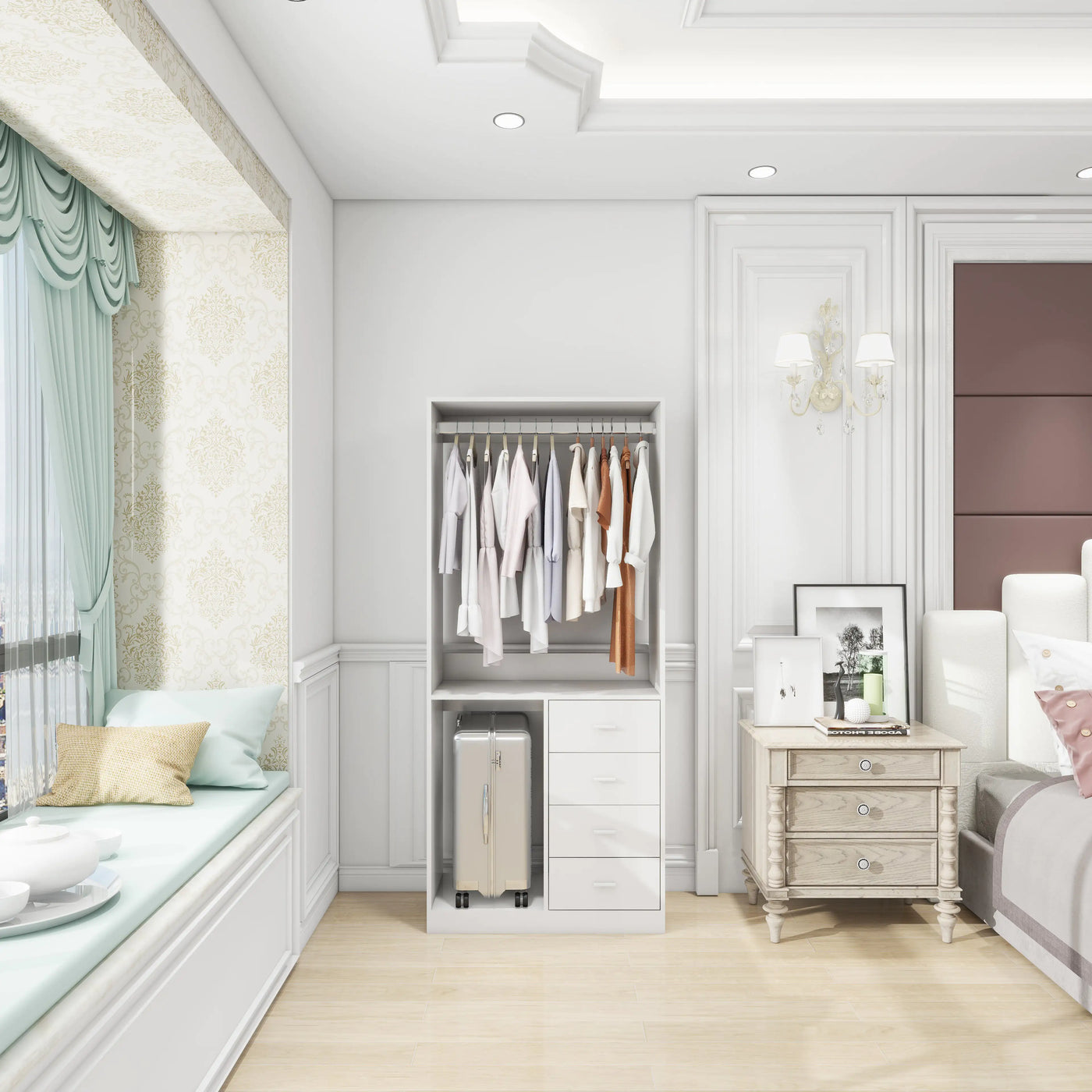 White Wood Closet System Storage Stand-Alone Wardrobe with 4 Drawers Closet Organizer Armoires and Wardrobeswith Hanging Rod 31.5"W x 15.7"D x 70.8"H - KENDRI SHOP