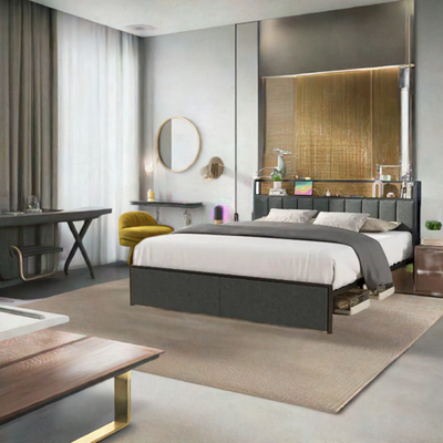 Full Bed Frame With Charging Station And LED Lights - Upholstered Headboard With Storage Shelves - KENDRI SHOP