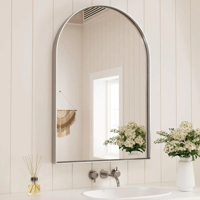 TETOTE Brushed Silver Mirror for Vanity 20 x 30 Silver Metal Framed Arch Mirror Wall Mounted Tempered Glass Shatterproof Decorative Farmhouse Mirror for Bathroom Entryway Living Room - KENDRI SHOP