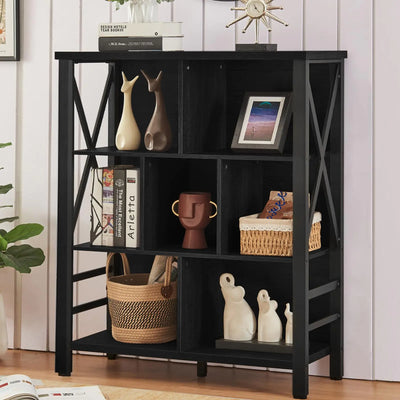 HOMISSUE Cube Bookshelf with Storage Mid-Century Rustic Book Shelf with 7 Cube Industrial 3 Shelf Bookcase Retro Wooden Bookshelves for Display Kids Room Bedroom Living Room Black - KENDRI SHOP