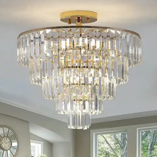 Golden Crystal Chandelier, 5-layer Round Semi-recessed Chandelier Lamp, Large Modern Luxury Chandelier, Suitable For Living Room, Dining Room, Bedroom, Corridor Unavailable Platforms- Temu - KENDRI SHOP