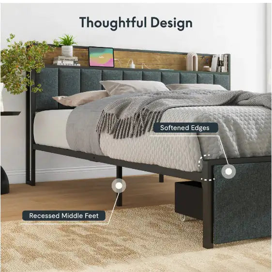 Full Bed Frame With Charging Station And LED Lights - Upholstered Headboard With Storage Shelves - KENDRI SHOP