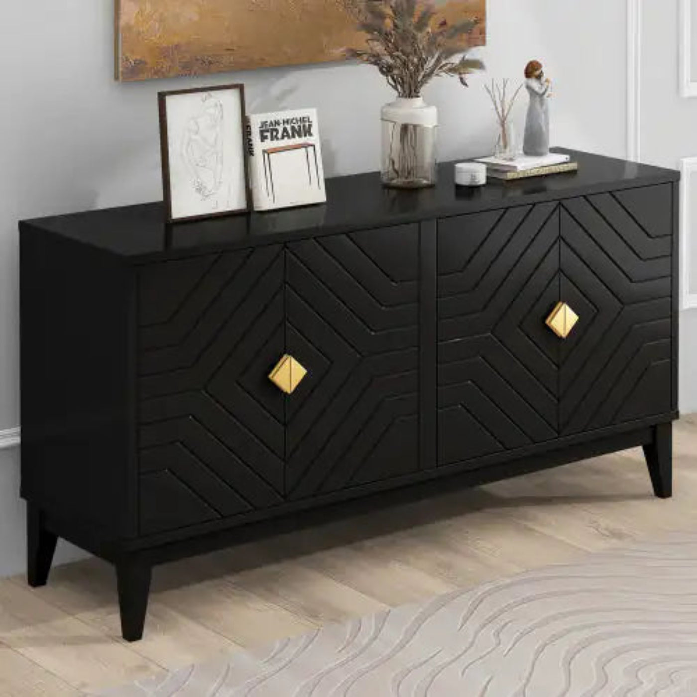 4-door Sideboard Storage Cabinet For Living And Dining Room, Two Large Cabinets With Gold Handle And Adjustable Shelves, Black - KENDRI SHOP