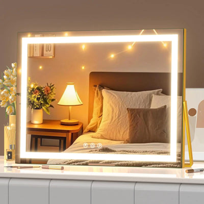 Gvnkvn Ligheted Vanity Mirror with Lights 14" x 12"  LED Makeup Mirror 3 Modes Light Smart Touch Control Dimmable 360°Rotation Rectangle Gold Frame KENDRI SHOP