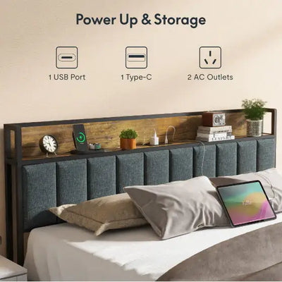 Full Bed Frame With Charging Station And LED Lights - Upholstered Headboard With Storage Shelves - KENDRI SHOP