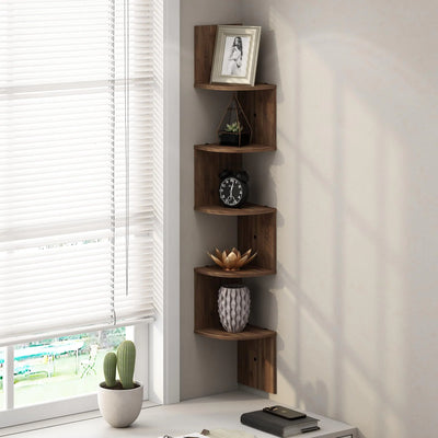 Furinno 5-Tier Floating Corner Shelf Wall Mount Shelves for Storage and Display Columbia Walnut - KENDRI SHOP