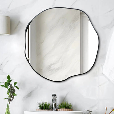 POZINO Irregular Mirror 25" Asymmetrical Mirror Black Waved Decorative Round Mirror Modern Scalloped Round Mirror Unique Shaped Mirror for Bathroom Living Room Bedroom Entryway Fireplace - KENDRI SHOP