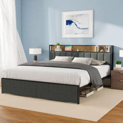 Full Bed Frame With Charging Station And LED Lights - Upholstered Headboard With Storage Shelves - KENDRI SHOP