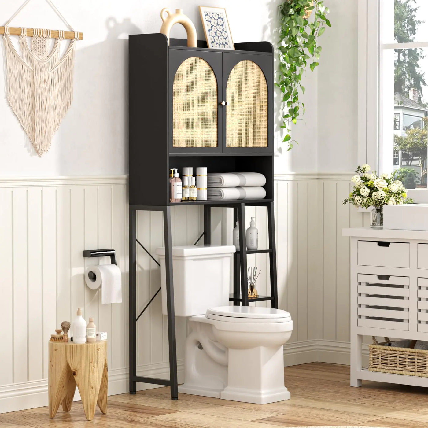Rattan Over The Toilet Storage Cabinet with Adjustable Shelf Bathroom Organizers and Storage Over Toilet with Rattan Door Metal Stand and Wood Rack Tall Storage Shelves Above Toilet Black - KENDRI SHOP