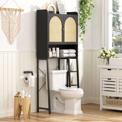 Rattan Over The Toilet Storage Cabinet with Adjustable Shelf Bathroom Organizers and Storage Over Toilet with Rattan Door Metal Stand and Wood Rack Tall Storage Shelves Above Toilet Black - KENDRI SHOP