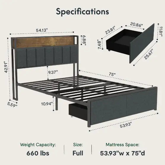 Full Bed Frame With Charging Station And LED Lights - Upholstered Headboard With Storage Shelves - KENDRI SHOP