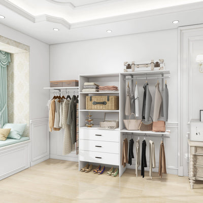 306 Closet Organizer System with Closet Shelves Wall Mounted, White Clothing Racks for Hanging Clothes, Clothes Organizer with Closet Drawers, Wooden Wardrobe Closet System with Hanging Rod - KENDRI SHOP
