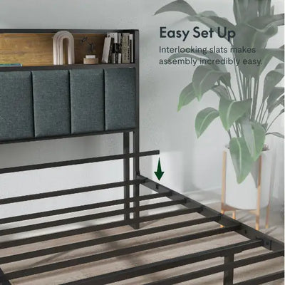 Full Bed Frame With Charging Station And LED Lights - Upholstered Headboard With Storage Shelves - KENDRI SHOP