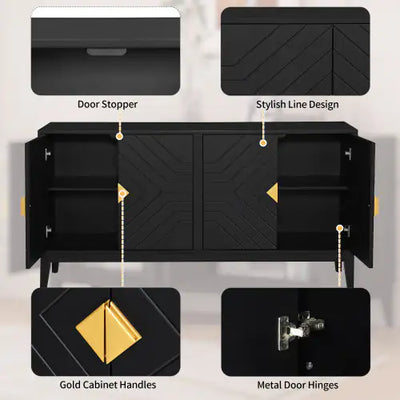 4-door Sideboard Storage Cabinet For Living And Dining Room, Two Large Cabinets With Gold Handle And Adjustable Shelves, Black - KENDRI SHOP