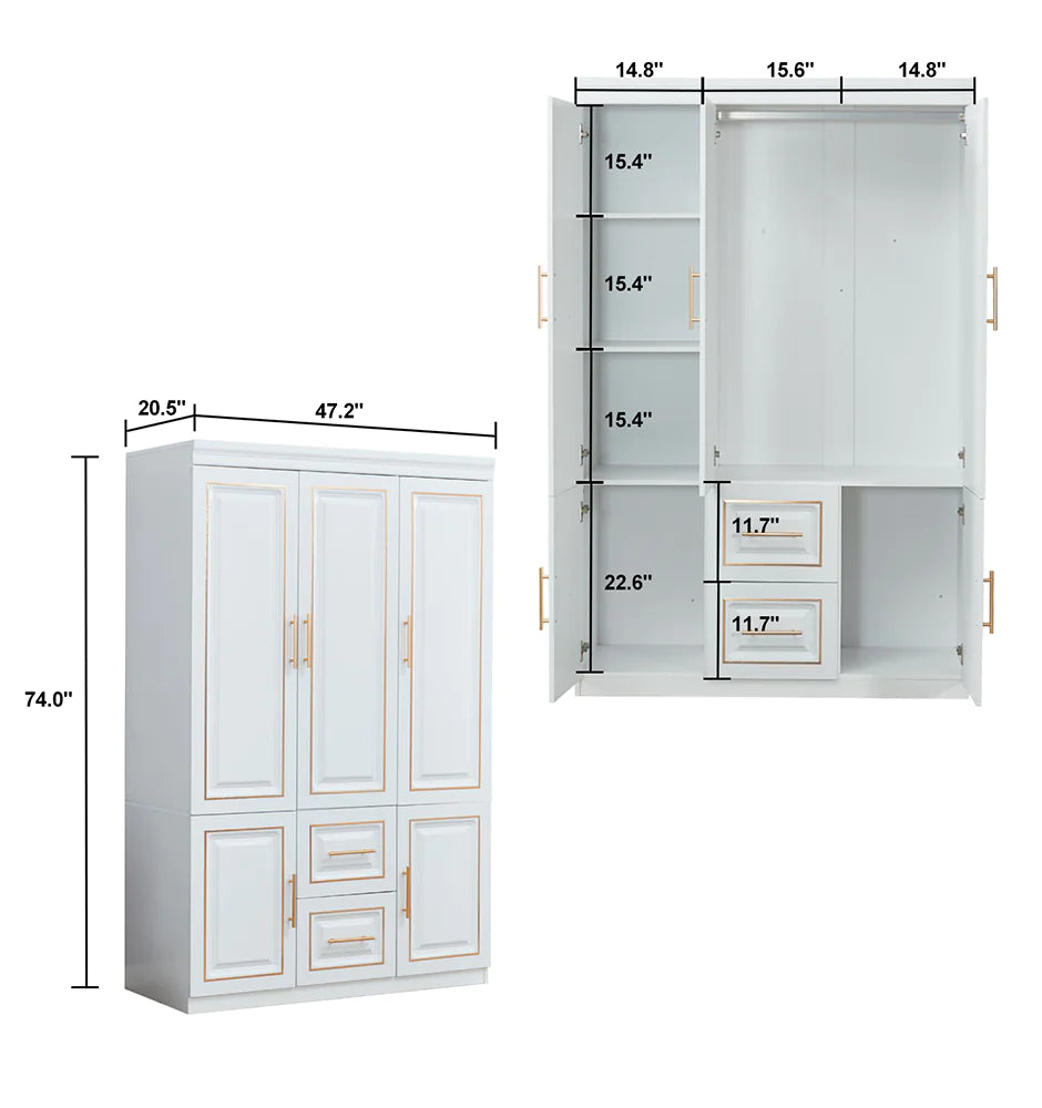 YG-5 Armoire Wardrobe  74" H 3 Doors 2 Drawers White Bedroom Wardrobe Armoire Closet Freestanding Clothes Storage Armoire Organizer with Hanging Rod Shelves Clothes Cabinet for Bathrooms Clothes Storage - KENDRI SHOP