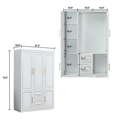 YG-5 Armoire Wardrobe  74" H 3 Doors 2 Drawers White Bedroom Wardrobe Armoire Closet Freestanding Clothes Storage Armoire Organizer with Hanging Rod Shelves Clothes Cabinet for Bathrooms Clothes Storage - KENDRI SHOP