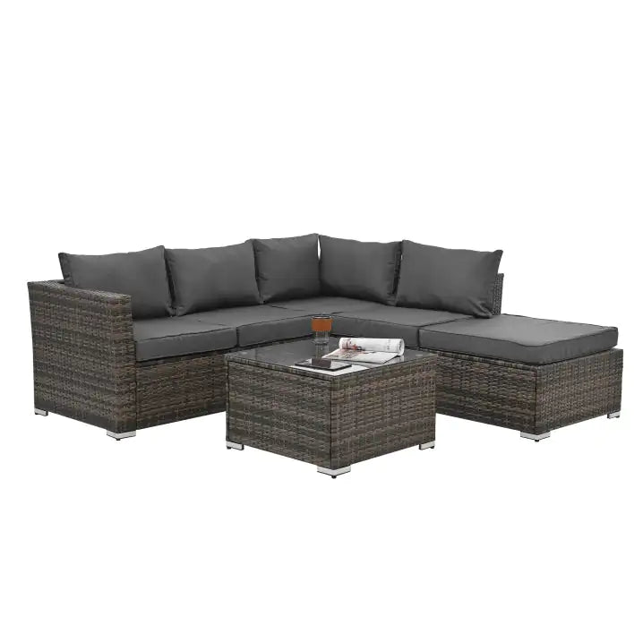 Patio Furniture, Outdoor Furniture, Seasonal PE Wicker Furniture, 4 Set Wicker Furniture With Tempered Glass Coffee Table - KENDRI SHOP