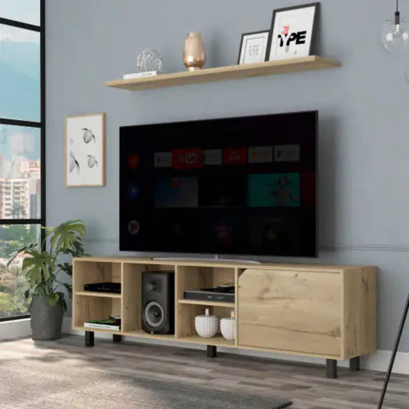 Valdivia Tv Stand For TV S , Four Open Shelves, Five Legs Light Oak - KENDRI SHOP