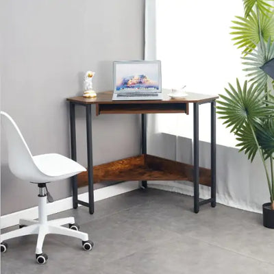 Triangle Computer Desk, Corner Table With Sleek Keyboard Tray And Storage Shelves, Compact Home Office - KENDRI SHOP