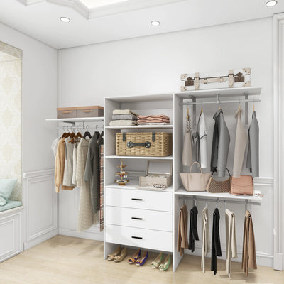 306 Closet Organizer System with Closet Shelves Wall Mounted, White Clothing Racks for Hanging Clothes, Clothes Organizer with Closet Drawers, Wooden Wardrobe Closet System with Hanging Rod - KENDRI SHOP