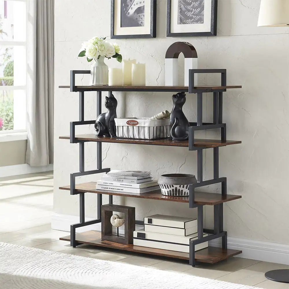 Industrial 4-tier Bookshelves, Metal And Wood Bookshelves, Open Widescreen Storage Bookshelves - KENDRI SHOP