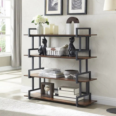 Industrial 4-tier Bookshelves, Metal And Wood Bookshelves, Open Widescreen Storage Bookshelves - KENDRI SHOP