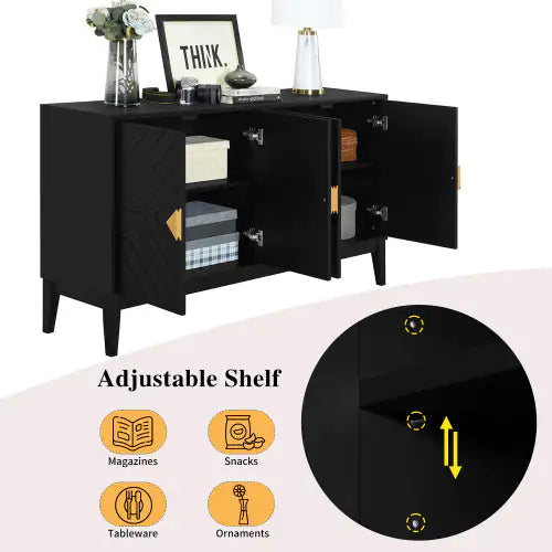 4-door Sideboard Storage Cabinet For Living And Dining Room, Two Large Cabinets With Gold Handle And Adjustable Shelves, Black - KENDRI SHOP