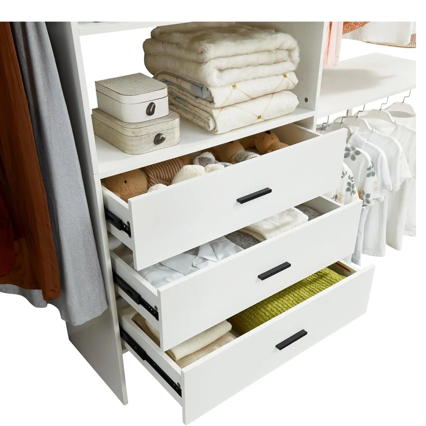 306 Closet Organizer System with Closet Shelves Wall Mounted, White Clothing Racks for Hanging Clothes, Clothes Organizer with Closet Drawers, Wooden Wardrobe Closet System with Hanging Rod - KENDRI SHOP