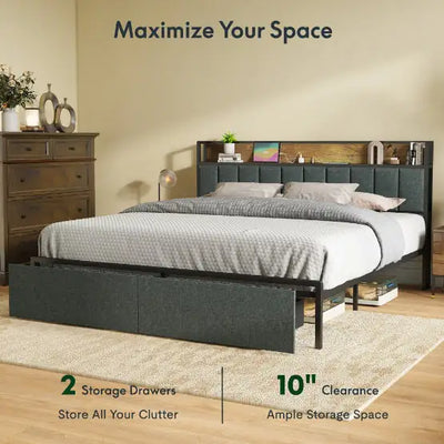 Full Bed Frame With Charging Station And LED Lights - Upholstered Headboard With Storage Shelves - KENDRI SHOP