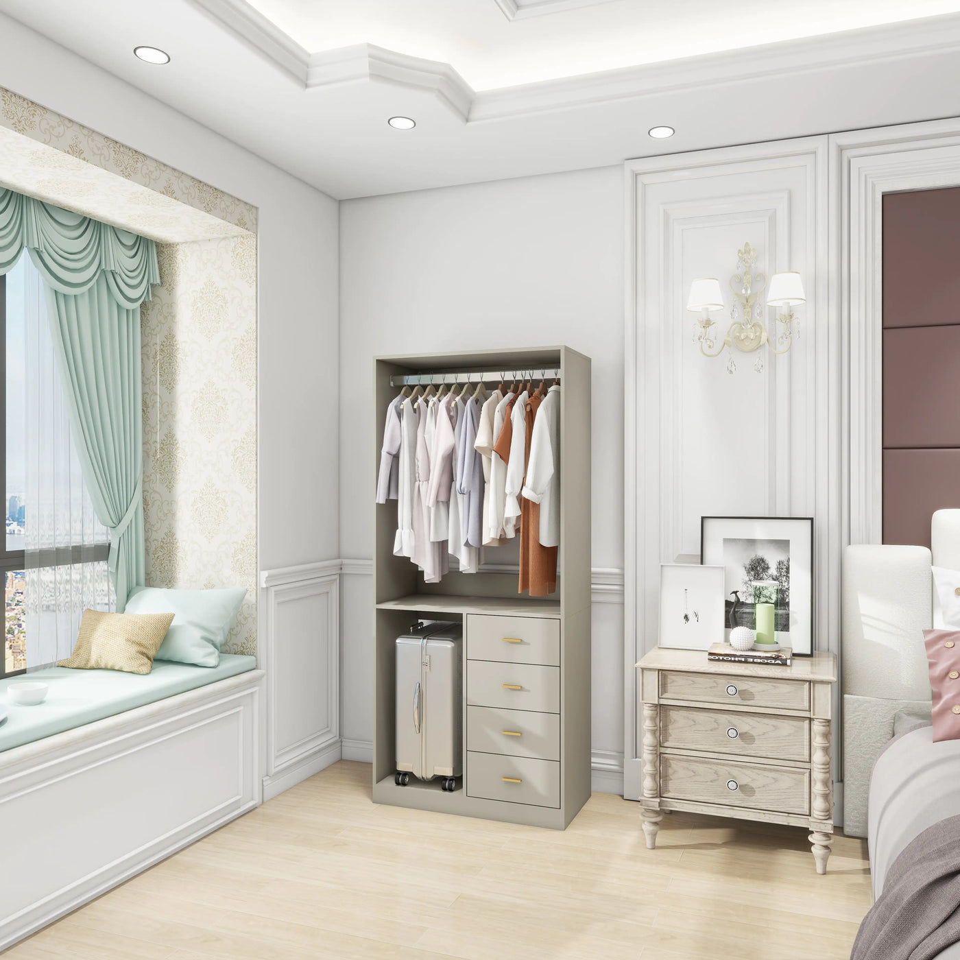 305 GreyCloset System: Walk-in Closet Organizer System with 4 Drawers Closet Kit with Shelves Hanging Rod Metal Handles Built-in Storage Organization 31.5"W x 15.7"D x 70.8"H - KENDRI SHOP