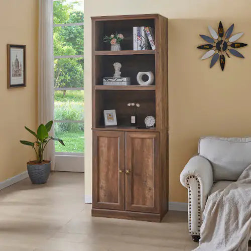 1 Door Bookshelf With USB Port And 3 Open Bookshelf Bookshelves Side Cabinet Storage Shelves, Rustic Brown - KENDRI SHOP