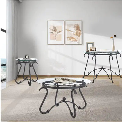 2 Piece Tempered Glass Finished Coffee Table Set With Decorative Coffee Table Round End Side Table - KENDRI SHOP