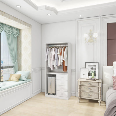 White Wood Closet System Storage Stand-Alone Wardrobe with 4 Drawers Closet Organizer Armoires and Wardrobeswith Hanging Rod 31.5"W x 15.7"D x 70.8"H - KENDRI SHOP