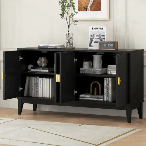 4-door Sideboard Storage Cabinet For Living And Dining Room, Two Large Cabinets With Gold Handle And Adjustable Shelves, Black - KENDRI SHOP