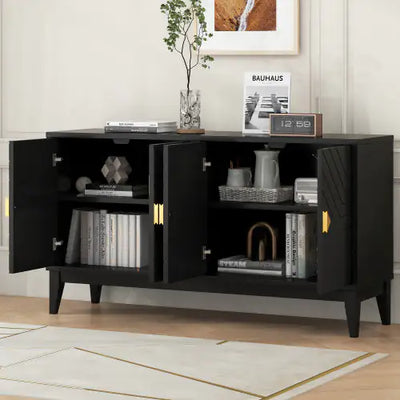 4-door Sideboard Storage Cabinet For Living And Dining Room, Two Large Cabinets With Gold Handle And Adjustable Shelves, Black - KENDRI SHOP