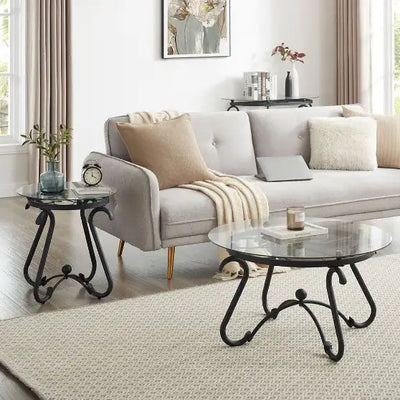 2 Piece Tempered Glass Finished Coffee Table Set With Decorative Coffee Table Round End Side Table - KENDRI SHOP